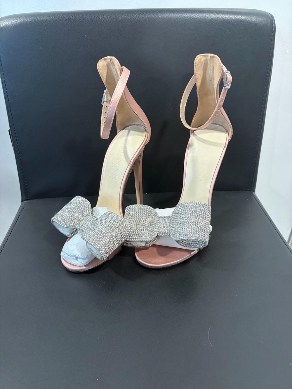 Women's Blush Pink Satin High-Heel Sandals with Crystal Bow Accent